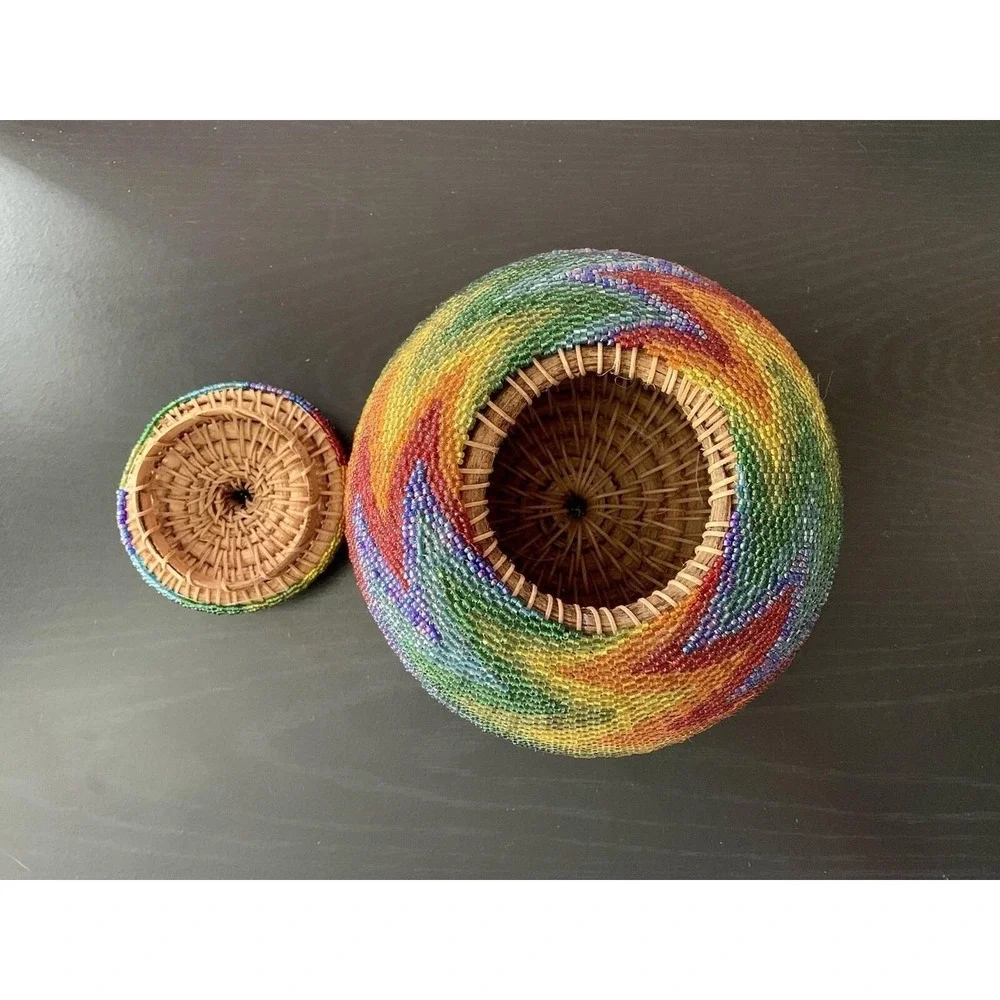 Antique Vtg Hand Woven Multicolor Beaded Rattan Basket Decorative Collectible